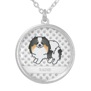 White Tricolor Pomeranian Cute Cartoon Dog & Name Silver Plated Necklace