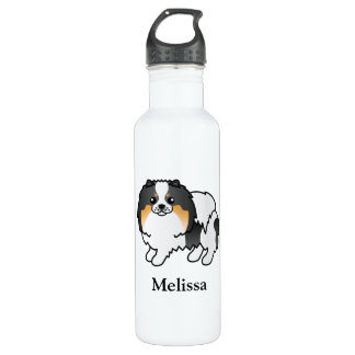 White Tricolor Pomeranian Cute Cartoon Dog &amp; Name Stainless Steel Water Bottle