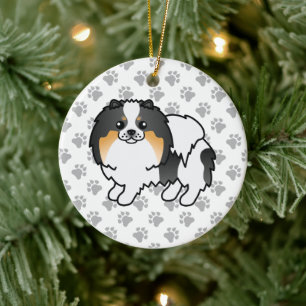 White Tricolor Pomeranian Cute Cartoon Dog & Paws Ceramic Ornament