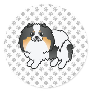 White Tricolor Pomeranian Cute Cartoon Dog &amp; Paws Classic Round Sticker