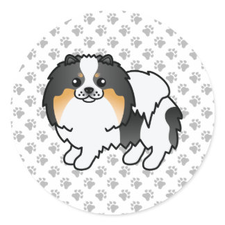 White Tricolor Pomeranian Cute Cartoon Dog &amp; Paws Classic Round Sticker