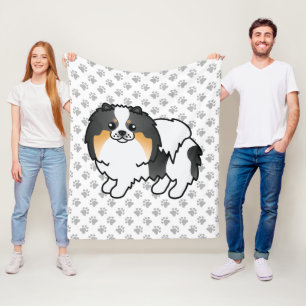 White Tricolor Pomeranian Cute Cartoon Dog & Paws Fleece Blanket