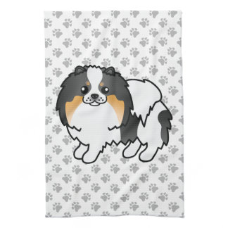 White Tricolor Pomeranian Cute Cartoon Dog &amp; Paws Kitchen Towel