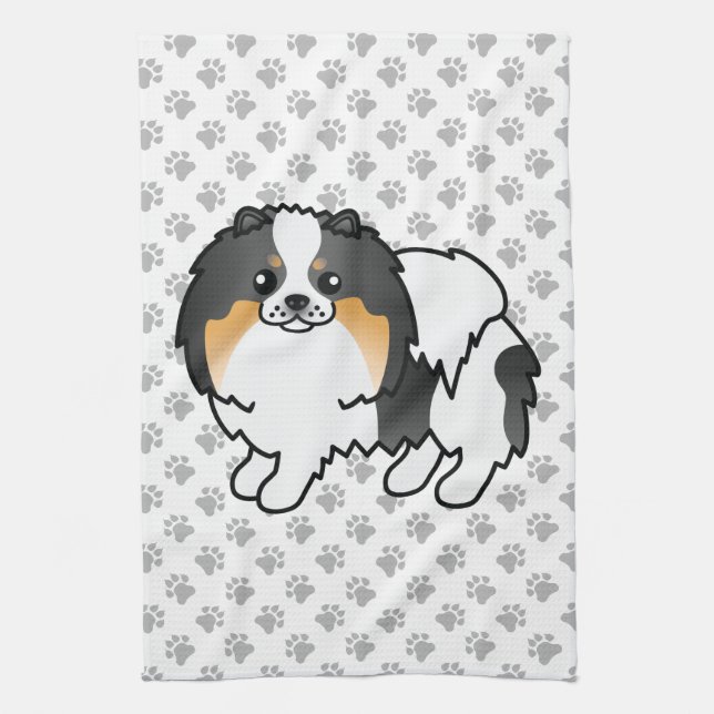 White Tricolor Pomeranian Cute Cartoon Dog & Paws Kitchen Towel (Vertical)