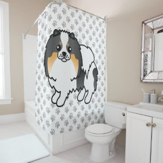 White Tricolor Pomeranian Cute Cartoon Dog &amp; Paws Shower Curtain