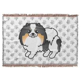 White Tricolor Pomeranian Cute Cartoon Dog &amp; Paws Throw Blanket