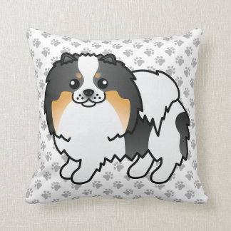 White Tricolor Pomeranian Cute Cartoon Dog &amp; Paws Throw Pillow