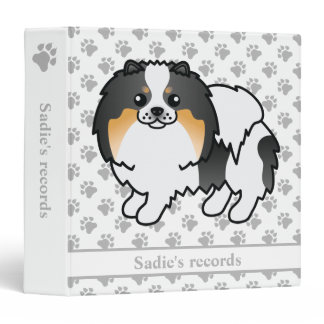 White Tricolor Pomeranian Cute Cartoon Dog &amp; Text 3 Ring Binder