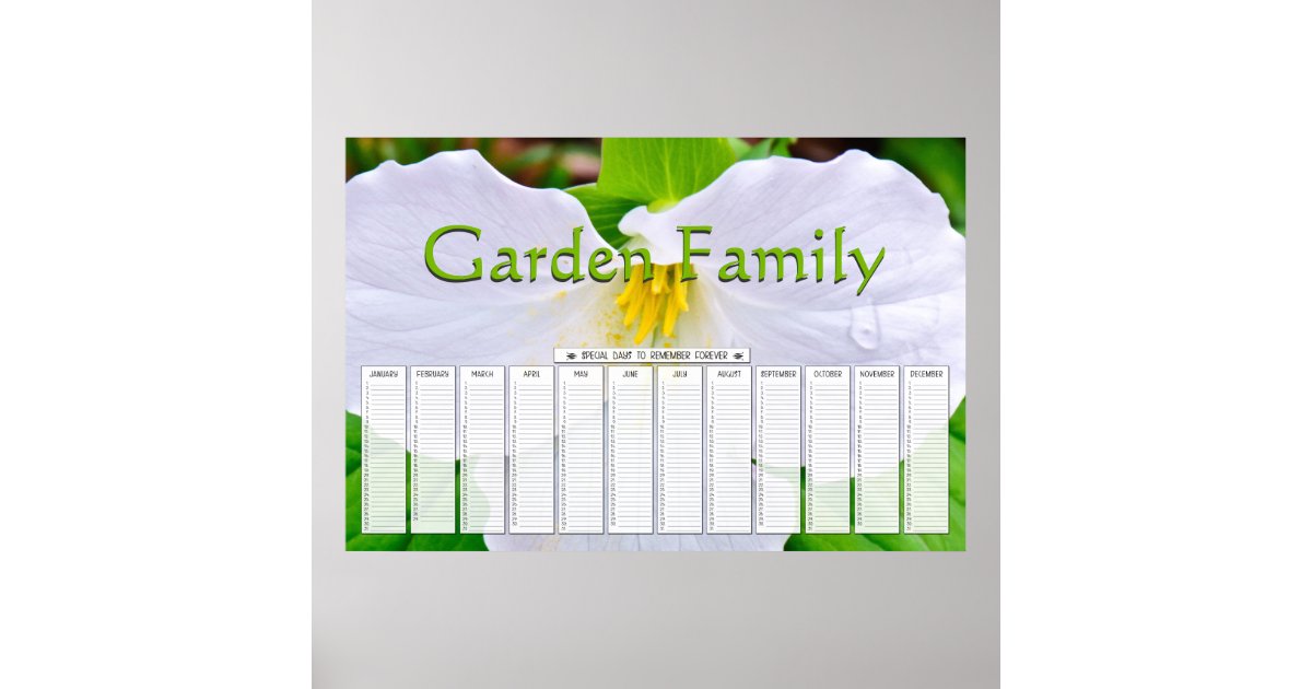 White Trillium Custom Special Days Calendar Poster