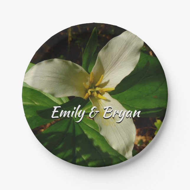 White Trillium Flower Spring Wildflower Paper Plates (Front)