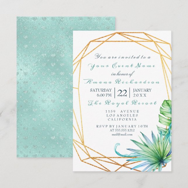 White Tropic Aqua Gold  Frame Birthday Bridal Invitation (Front/Back)