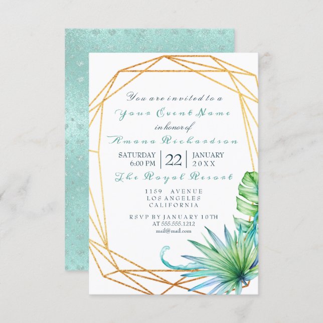 White Tropic Aqua Gold  Frame Birthday Bridal Invitation (Front/Back)