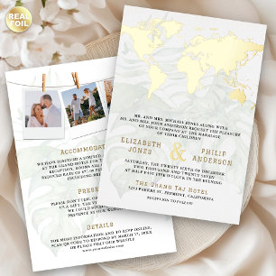 White Tropical Destination World Map Wedding Gold Foil Invitation