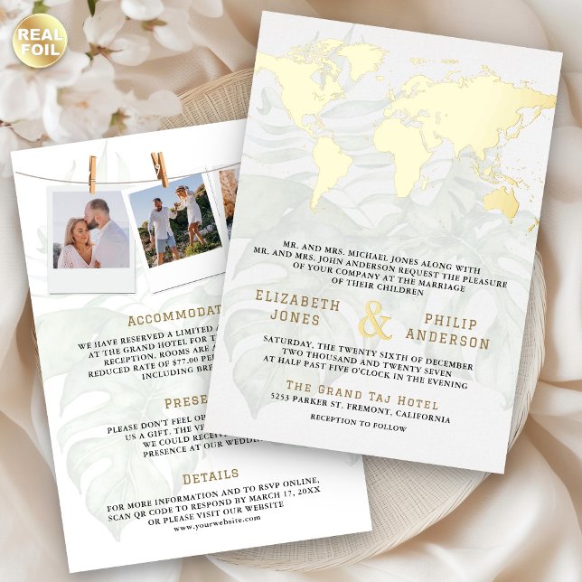 White Tropical Destination World Map Wedding Gold Foil Invitation (Creator Uploaded)