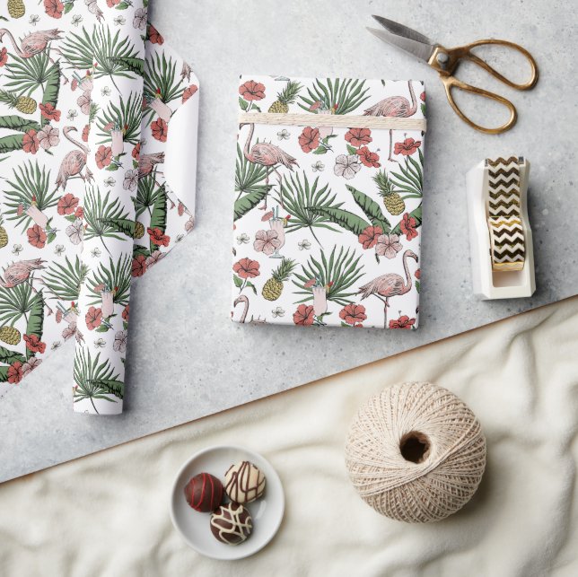 White Tropical Flamingo Floral Pattern Wrapping Paper (Crafts)