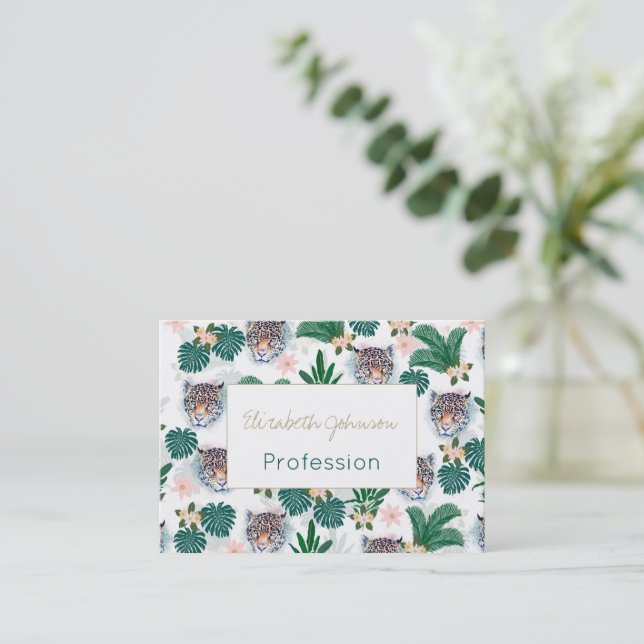 White Tropical Floral Foliage and Leopard Faces Business Card (Standing Front)