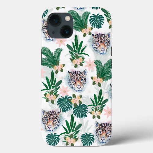  White Tropical Floral Foliage and Leopard Faces iPhone 13 Case