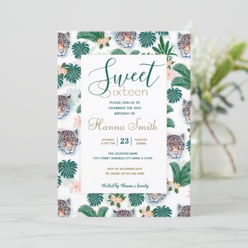 White Tropical Floral Foliage and Leopard Faces Invitation