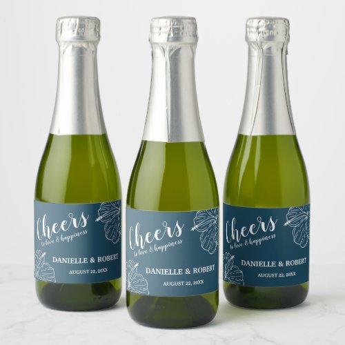 White Tropical Floral Hibiscus on Navy Mini Sparkling Wine Label