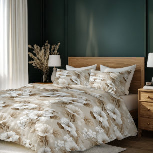 White tropical floral neutral tones modern duvet  cover