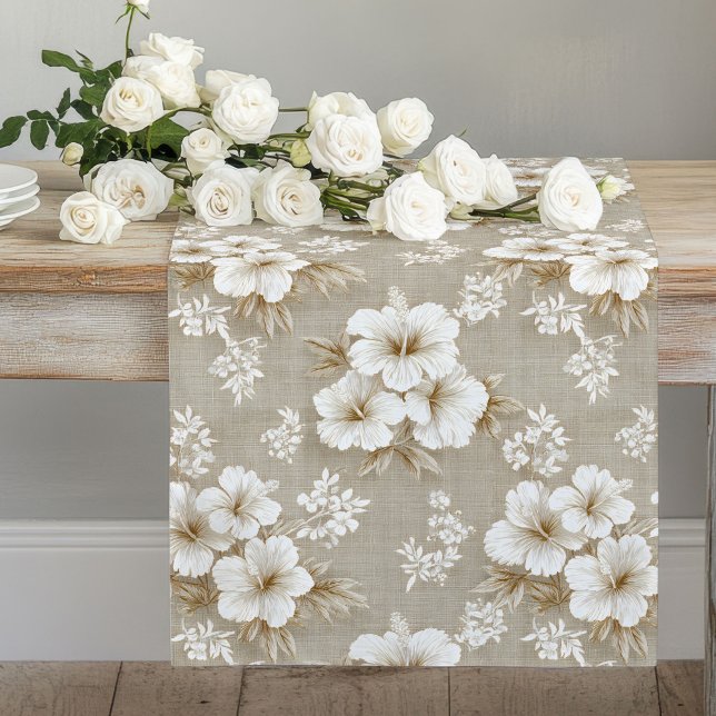 White tropical floral neutral tones modern table  long table runner (White tropical floral neutral tones modern table runner

)