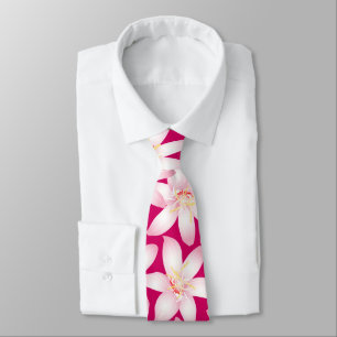 White tropical floral on pink neck tie