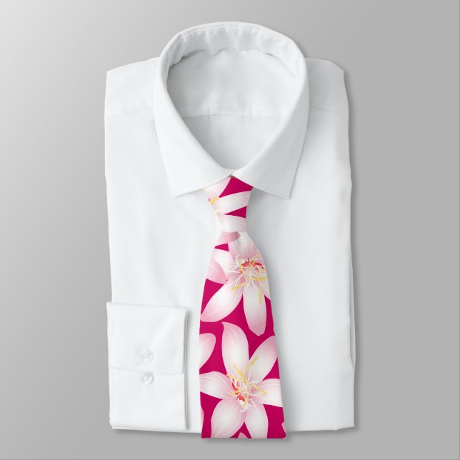 White tropical floral on pink neck tie (Tied)