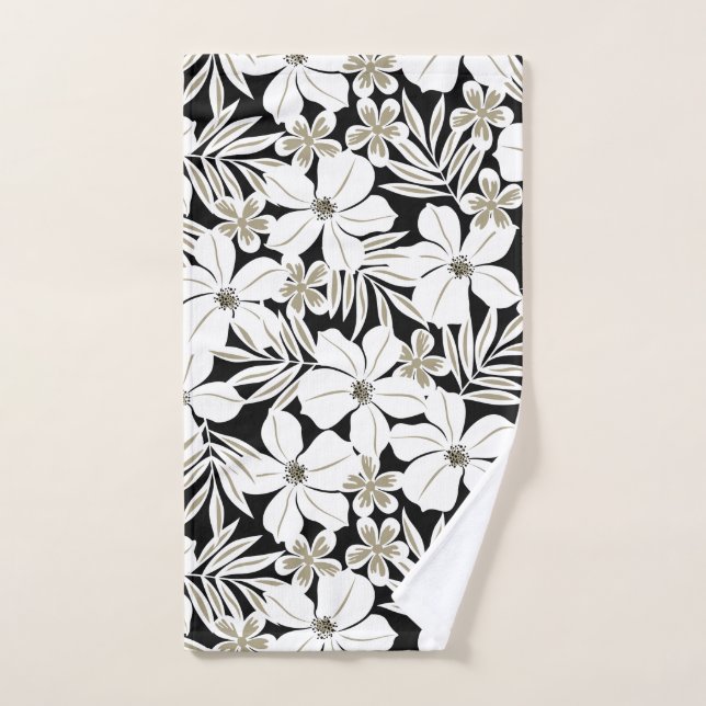 White tropical flowers on black hand towel  (Hand Towel)