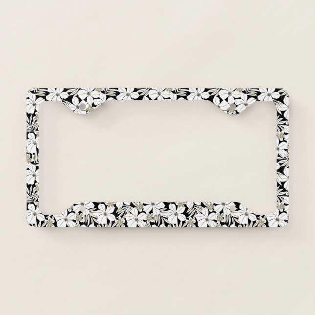 White tropical flowers on black license plate frame (Front)