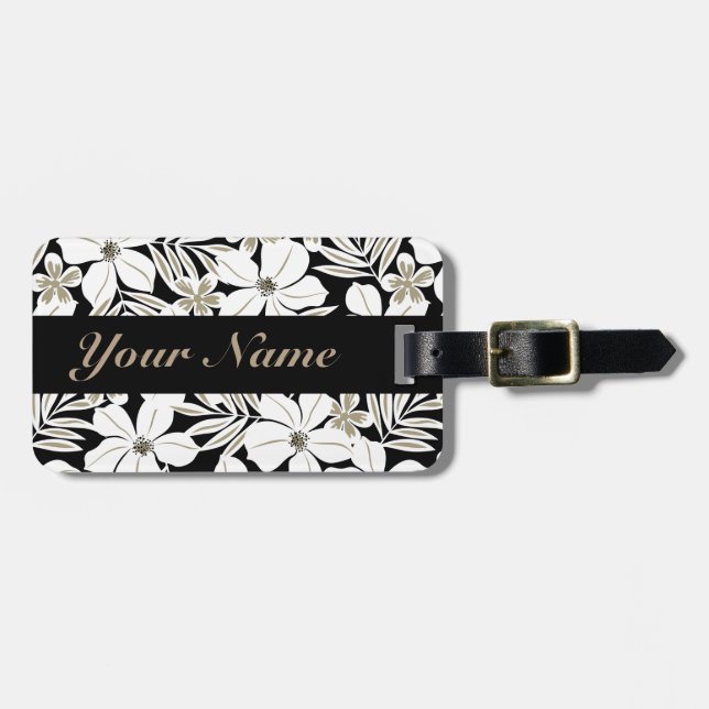 White tropical flowers on black luggage tag (Front Horizontal)