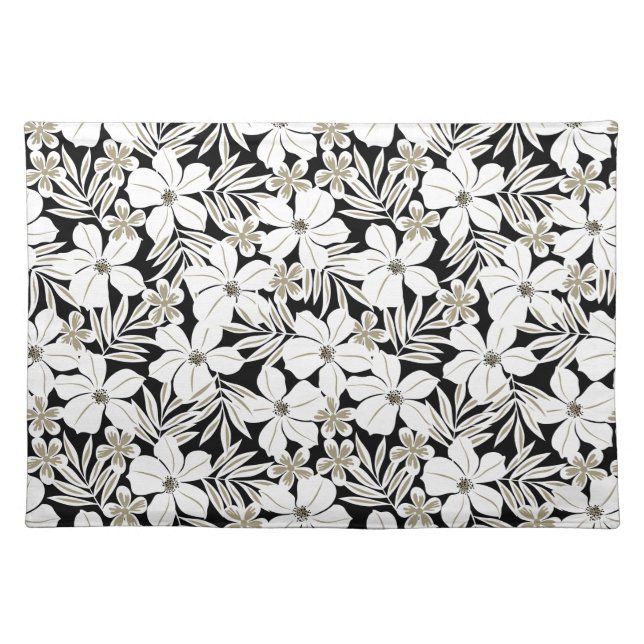 White tropical flowers on black placemat (Front)