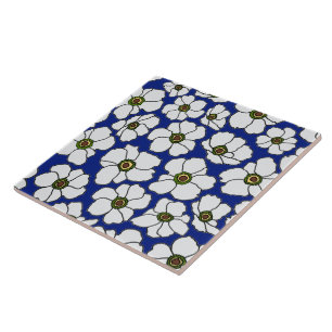 White Tropical Flowers On Blue Ceramic Tile