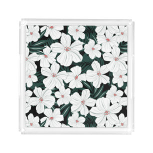 White Tropical Flowers Pattern Acrylic Tray