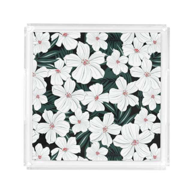 White Tropical Flowers Pattern Acrylic Tray (Front)
