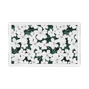 White Tropical Flowers Pattern Acrylic Tray