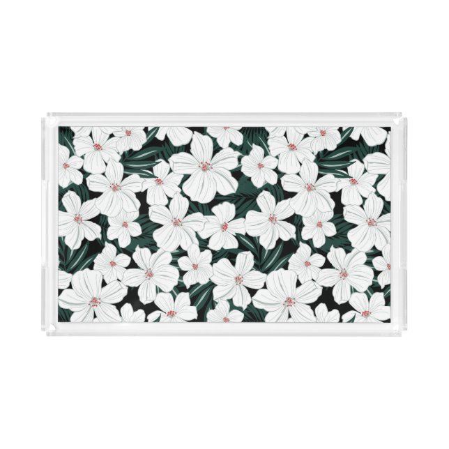 White Tropical Flowers Pattern Acrylic Tray (Front)