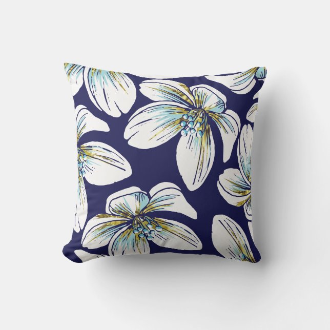 White tropical flowers pattern aqua, gold foil throw pillow (Front)