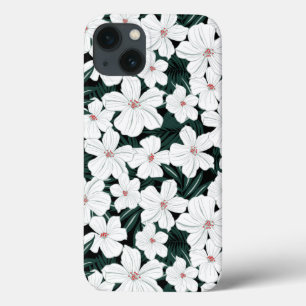 White Tropical Flowers Pattern iPhone 13 Case