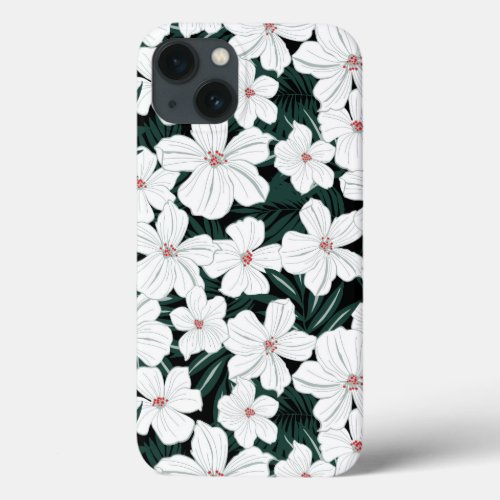 White Tropical Flowers Pattern iPhone 13 Case