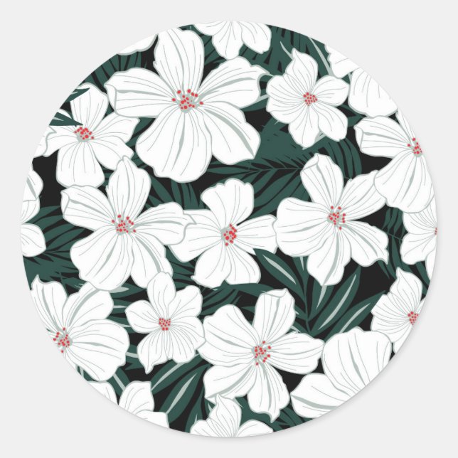 White Tropical Flowers Pattern Classic Round Sticker (Front)