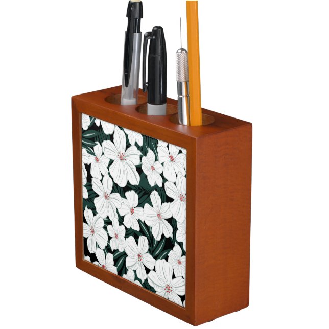 White Tropical Flowers Pattern Desk Organizer (In Situ)