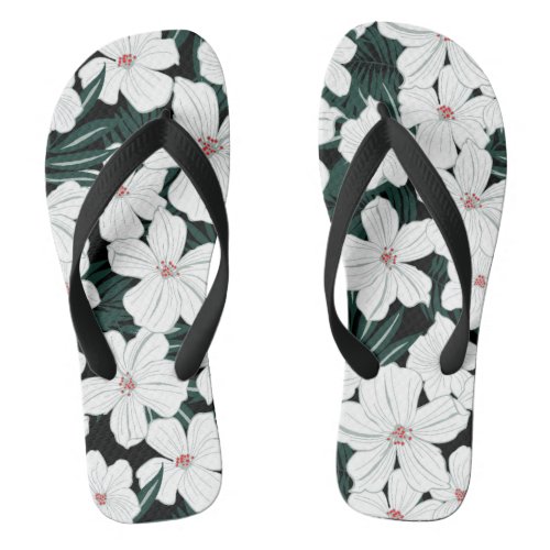 White Tropical Flowers Pattern Flip Flops