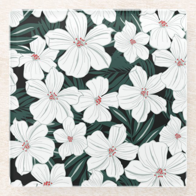 White Tropical Flowers Pattern Glass Coaster (Front)