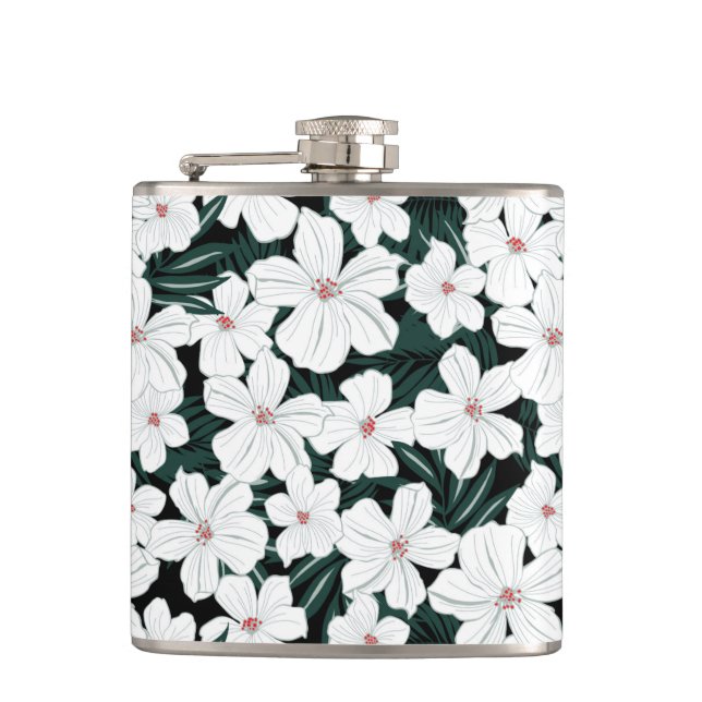 White Tropical Flowers Pattern Hip Flask (Front)