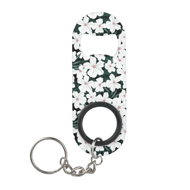 White Tropical Flowers Pattern Keychain Bottle Opener (Front)