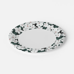 White Tropical Flowers Pattern Paper Plates