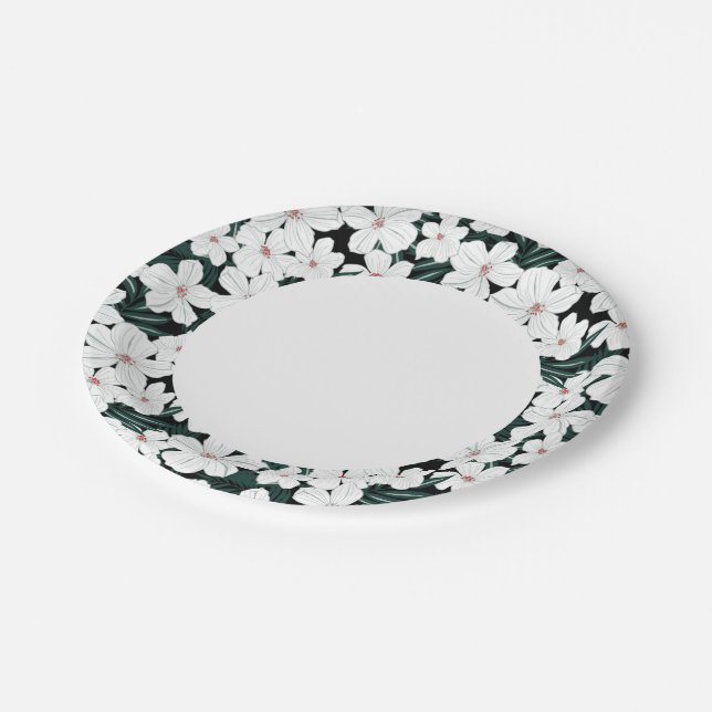 White Tropical Flowers Pattern Paper Plates (Angled)