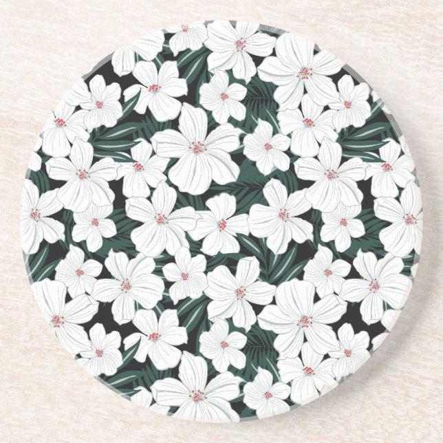 White Tropical Flowers Pattern Sandstone Coaster (Front)