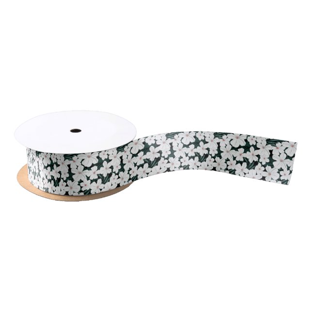 White Tropical Flowers Pattern Satin Ribbon (Spool)
