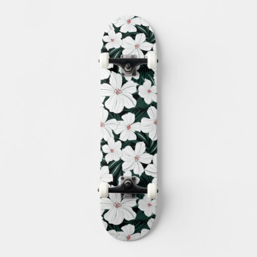 White Tropical Flowers Pattern Skateboard